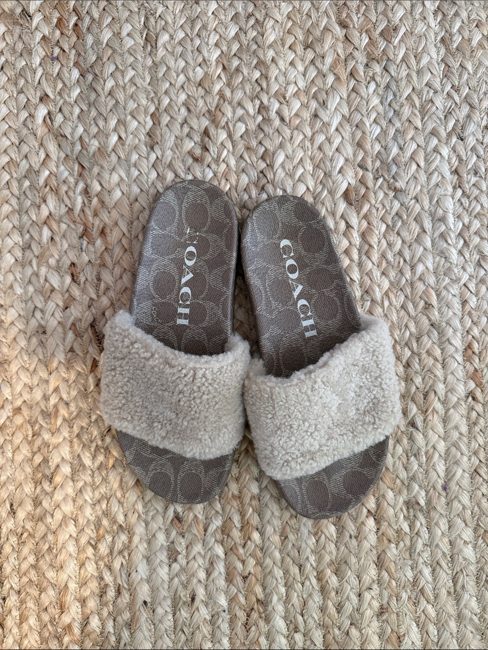 Coach Taupe Logo Shearling Slide Sandals